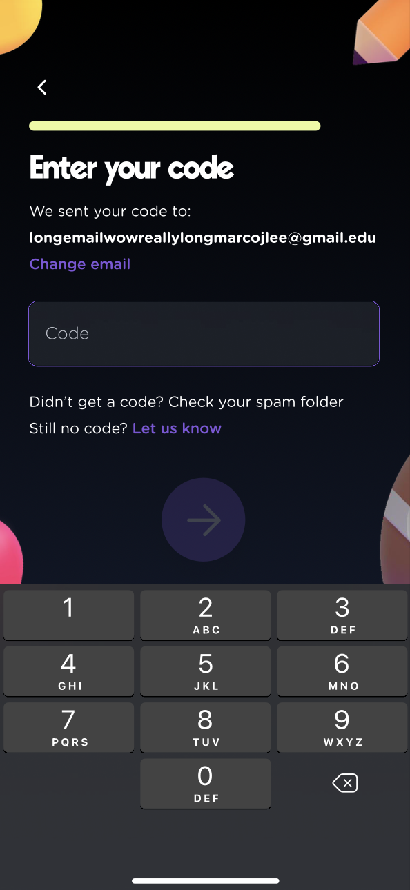 Verification code screen